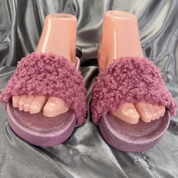Steve Madden JEHEARY Fur Slides Girls 4M Sandals Pink Glitter Sparkles Hearts - Picture 6 of 15